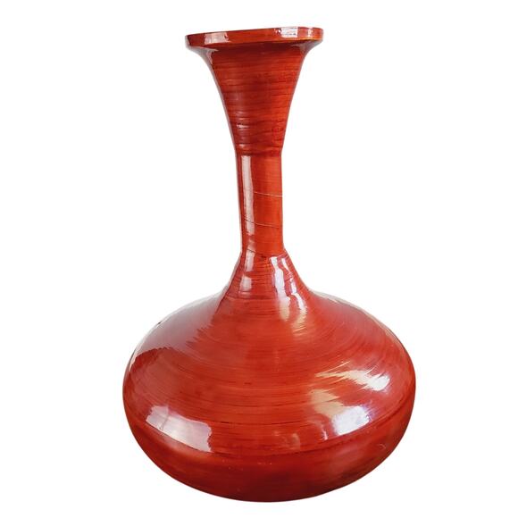 MCM Large Red Retro Vase Thin Wood Vase Wrapped Lightweight Collectible - Picture 1 of 5
